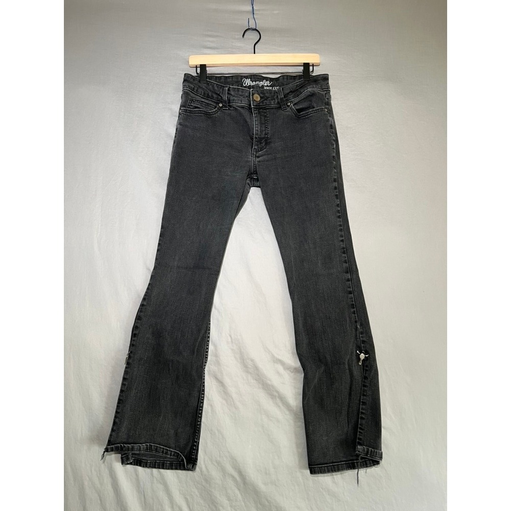 Wrangler Boot Cut Jeans Womens 13x32 Black Faded Western Steer Skull Slit Hem
